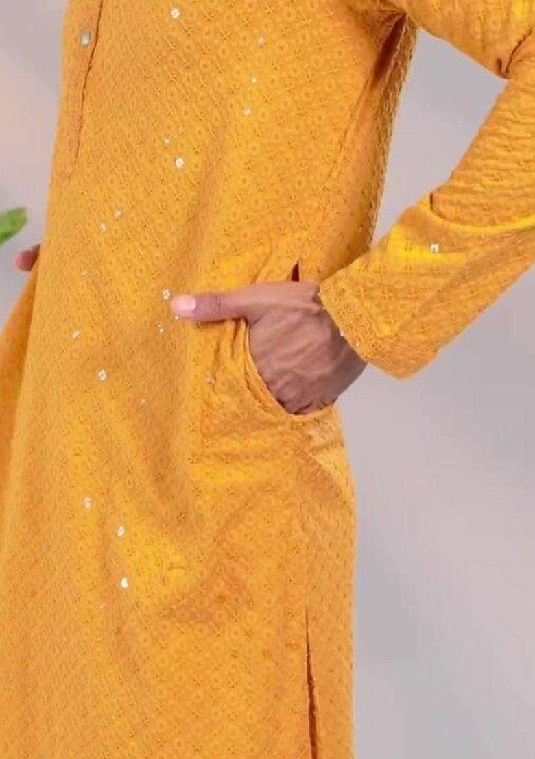 Yellow Self Design Polyester Kurta Set For Men - Indya
