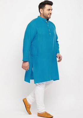 Turquoise Blue Solid Cotton Kurta Set For Men