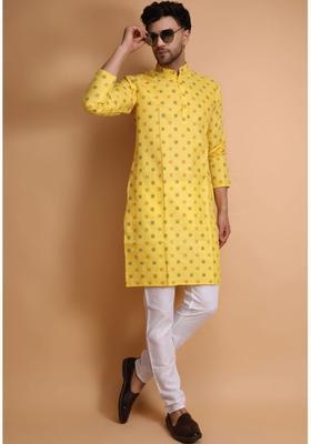 Yellow Printed Cotton Kurta Set For Men