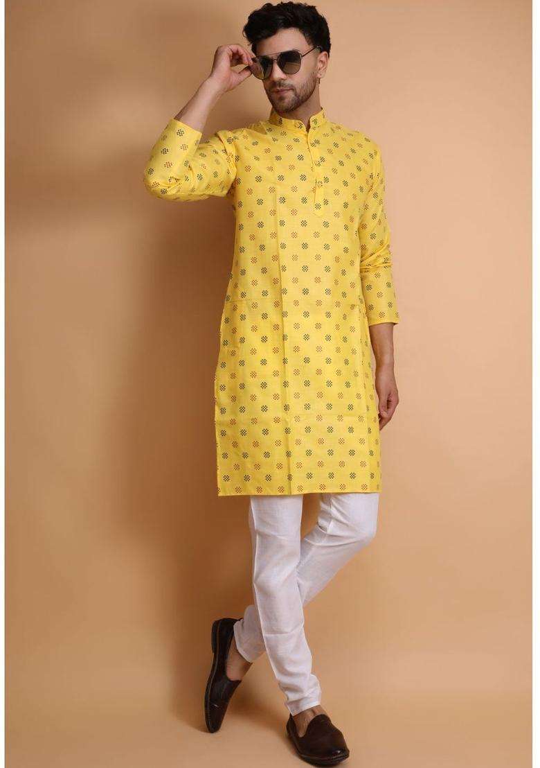 Yellow Printed Cotton Kurta Set For Men - Indya
