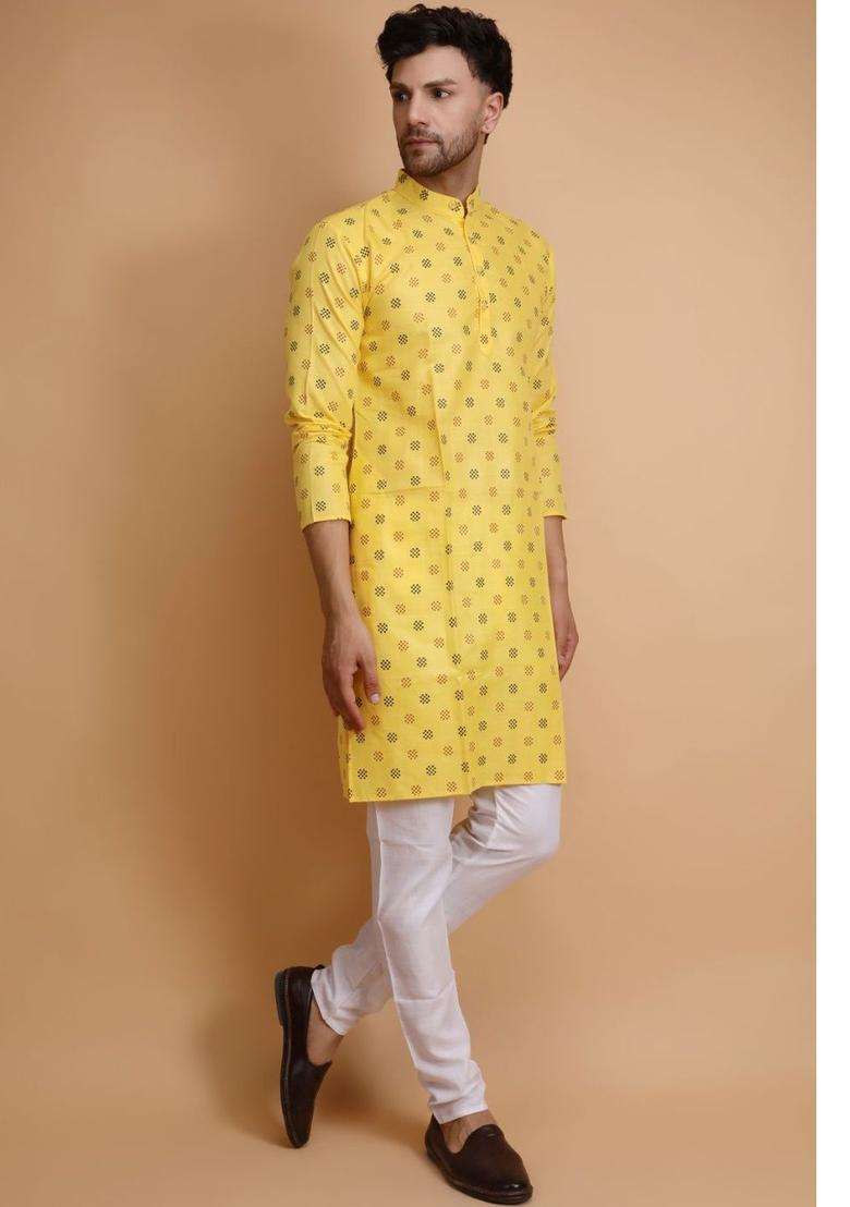 Yellow Printed Cotton Kurta Set For Men - Indya