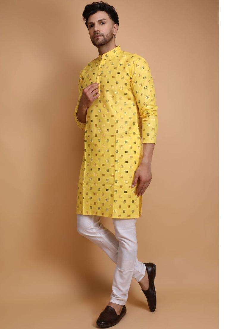 Yellow Printed Cotton Kurta Set For Men - Indya