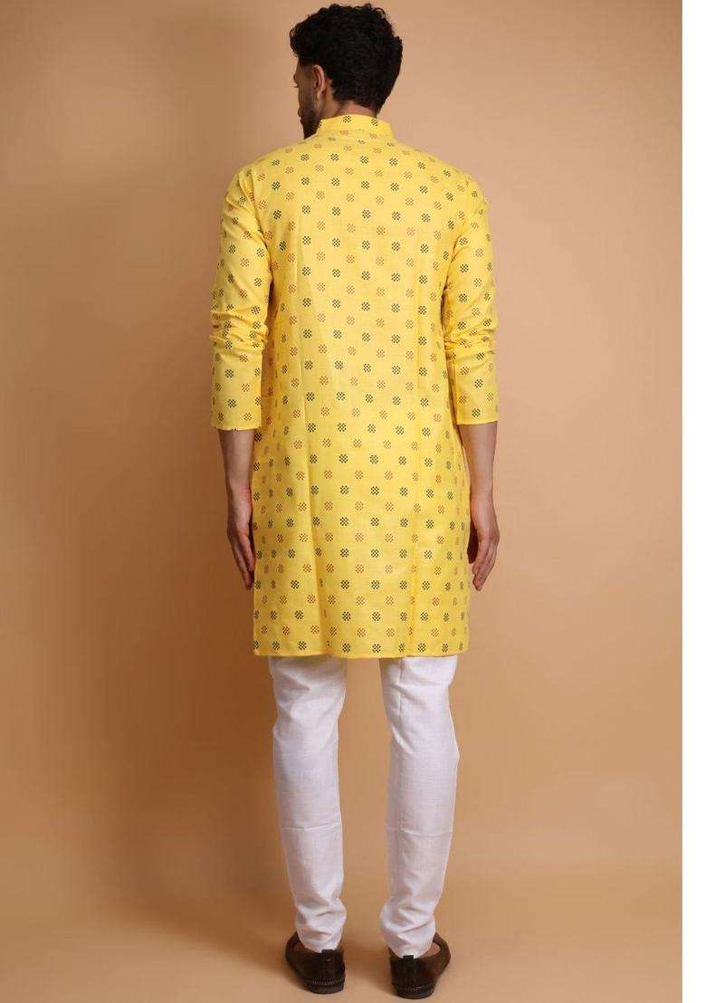 Yellow Printed Cotton Kurta Set For Men - Indya