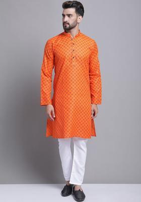 Orange Printed Cotton Kurta Set For Men