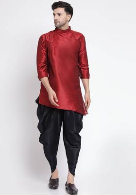 Maroon Solid Silk Kurta Set For Men