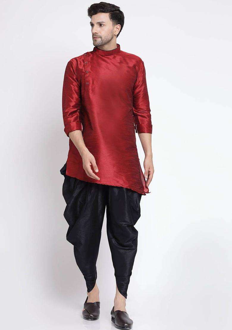 Maroon Solid Silk Blend Kurta Set For Men - Indya