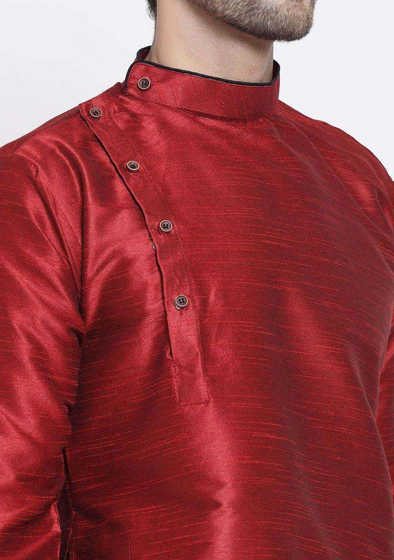 Maroon Solid Silk Blend Kurta Set For Men - Indya