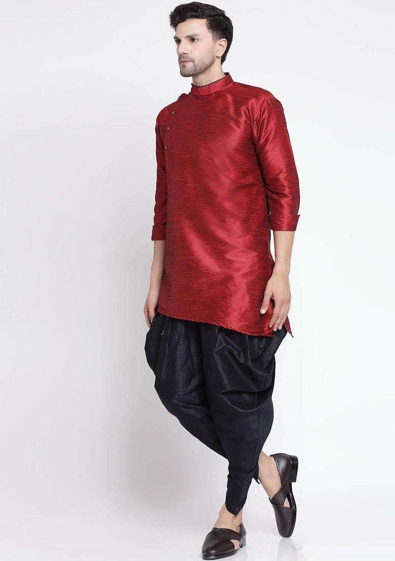 Maroon Solid Silk Blend Kurta Set For Men - Indya