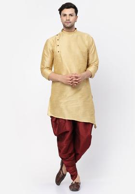 Gold Solid Silk Kurta Set For Men