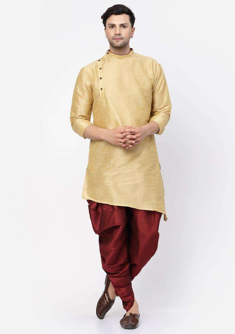 Gold Solid Silk Blend Kurta Set For Men - Indya