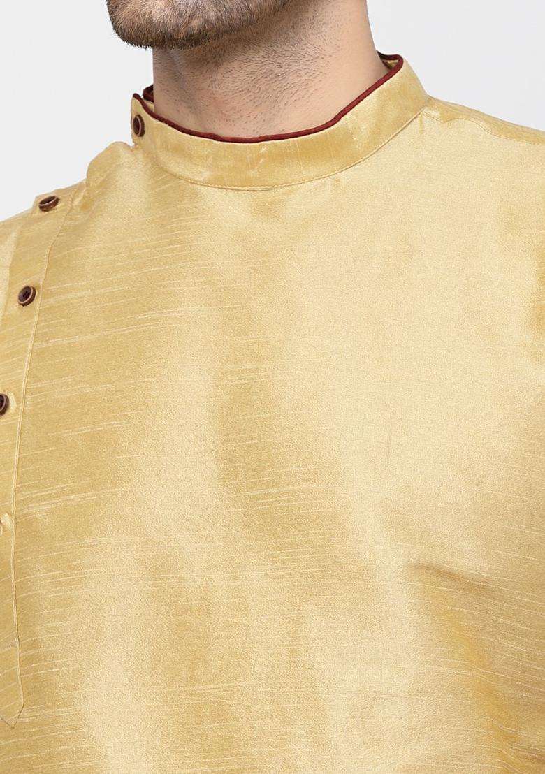 Gold Solid Silk Blend Kurta Set For Men - Indya