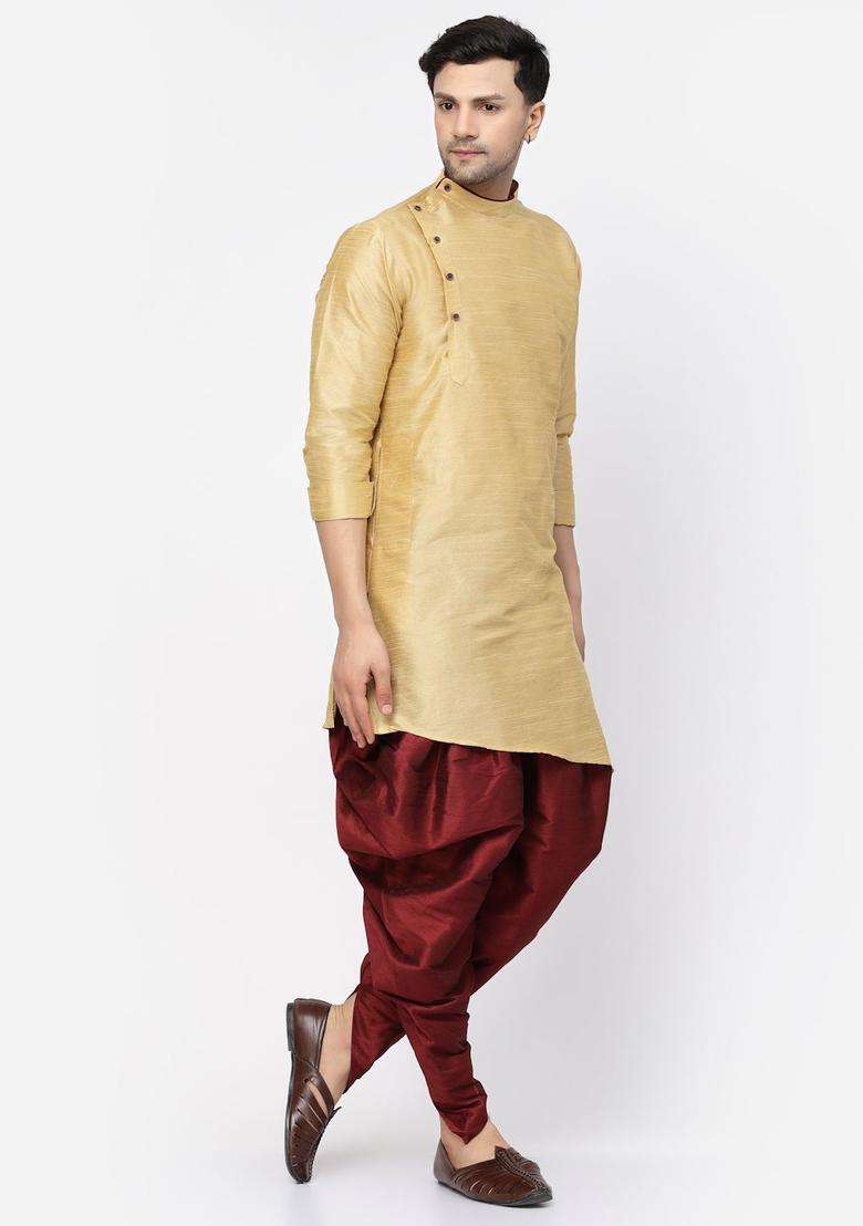 Gold Solid Silk Blend Kurta Set For Men - Indya