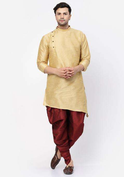 Gold Solid Silk Blend Kurta Set For Men