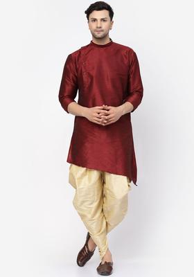 Maroon Solid Silk Kurta Set For Men