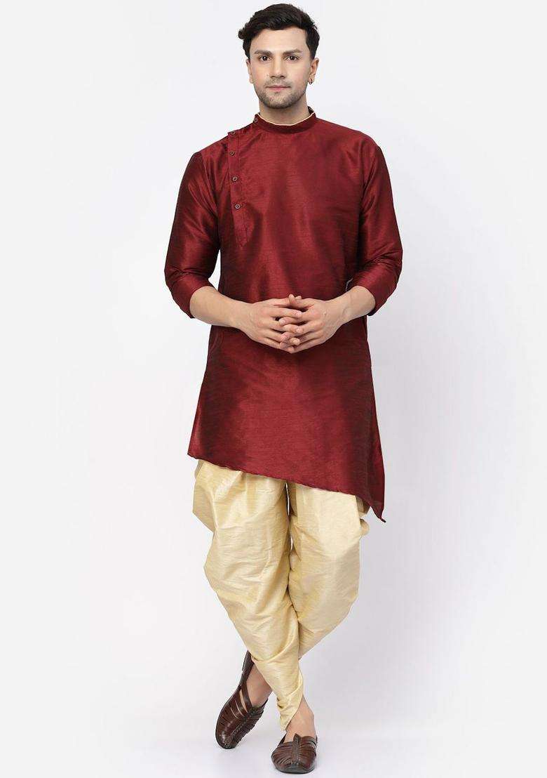 Maroon Solid Silk Blend Kurta Set For Men - Indya