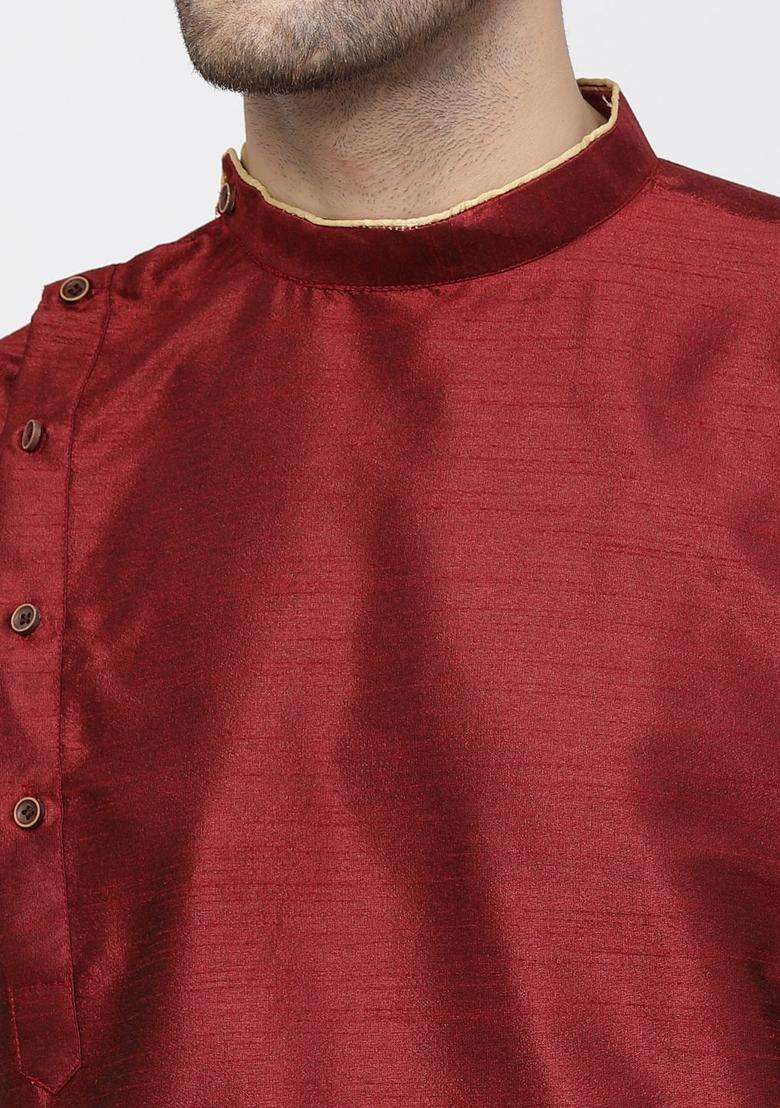 Maroon Solid Silk Blend Kurta Set For Men - Indya
