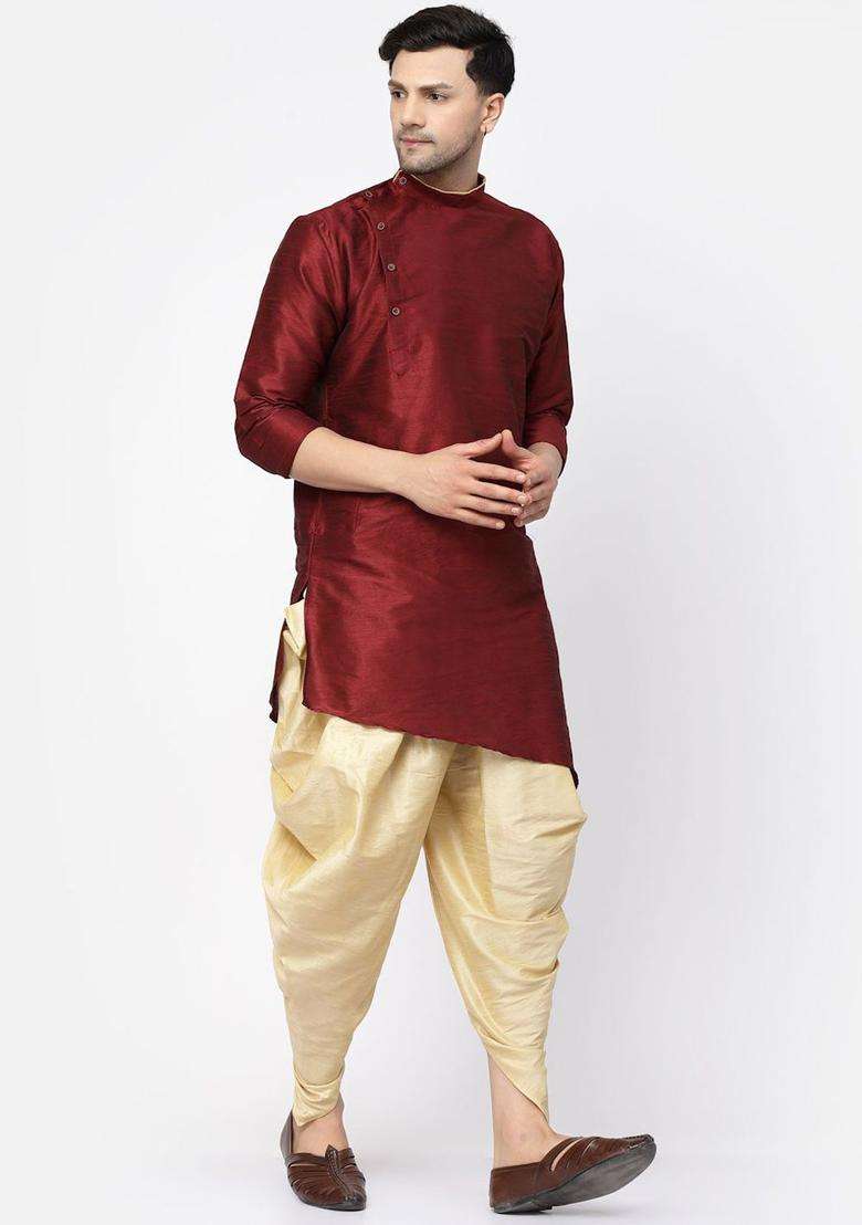 Maroon Solid Silk Blend Kurta Set For Men - Indya