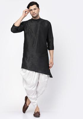 Black Solid Silk Kurta Set For Men