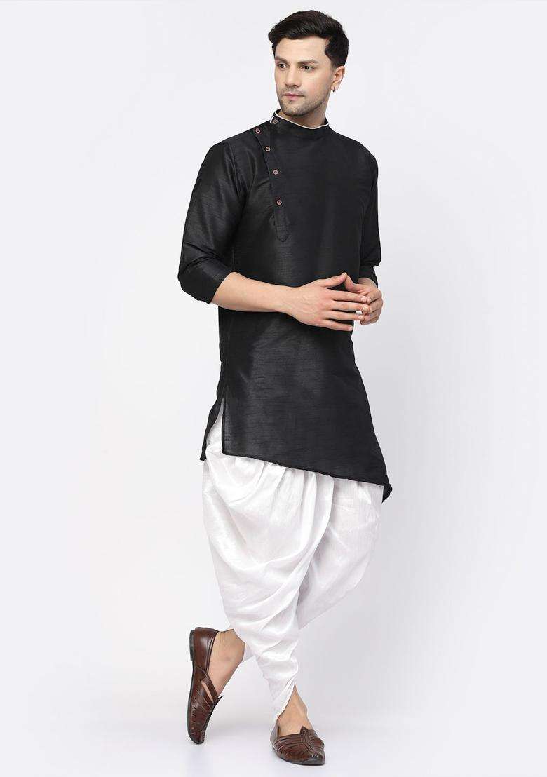 Black Solid Silk Blend Kurta Set For Men - Indya