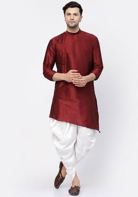 Maroon Solid Silk Kurta Set For Men