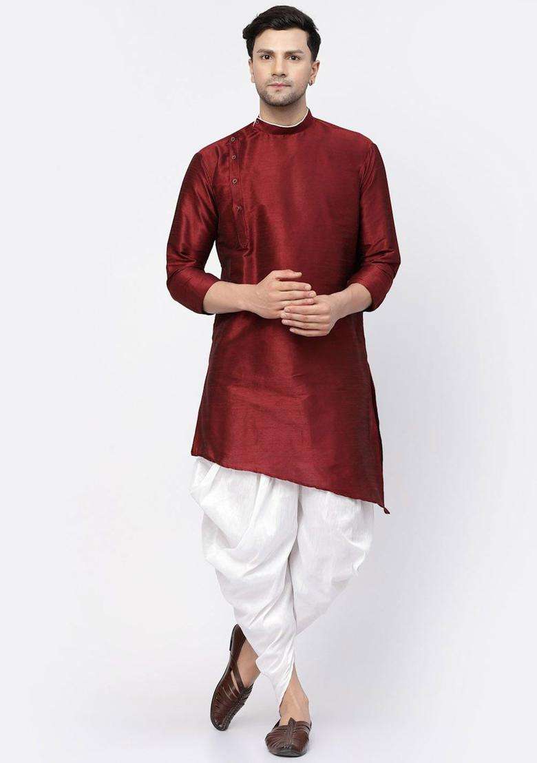 Maroon Solid Silk Blend Kurta Set For Men - Indya