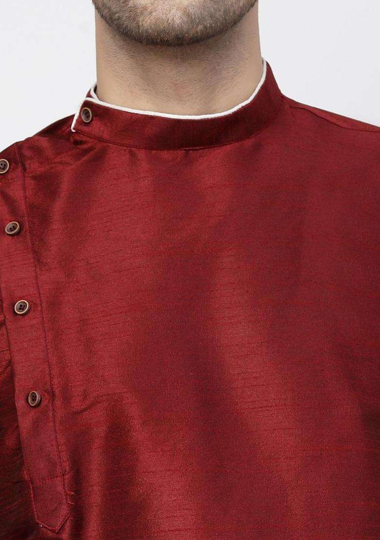 Maroon Solid Silk Blend Kurta Set For Men - Indya
