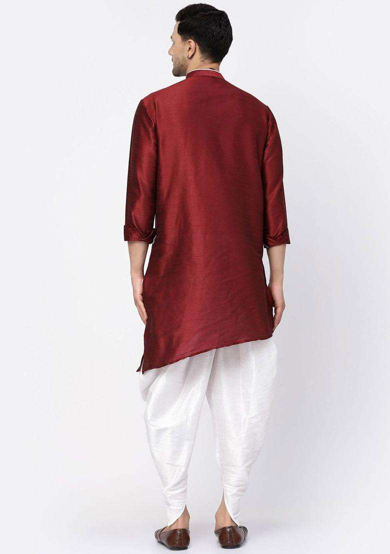 Maroon Solid Silk Blend Kurta Set For Men - Indya