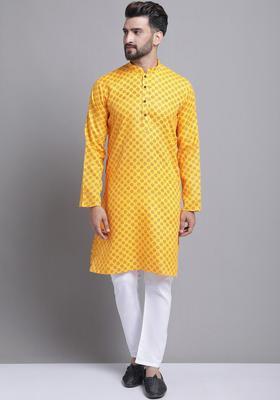Yellow Printed Cotton Kurta Set For Men