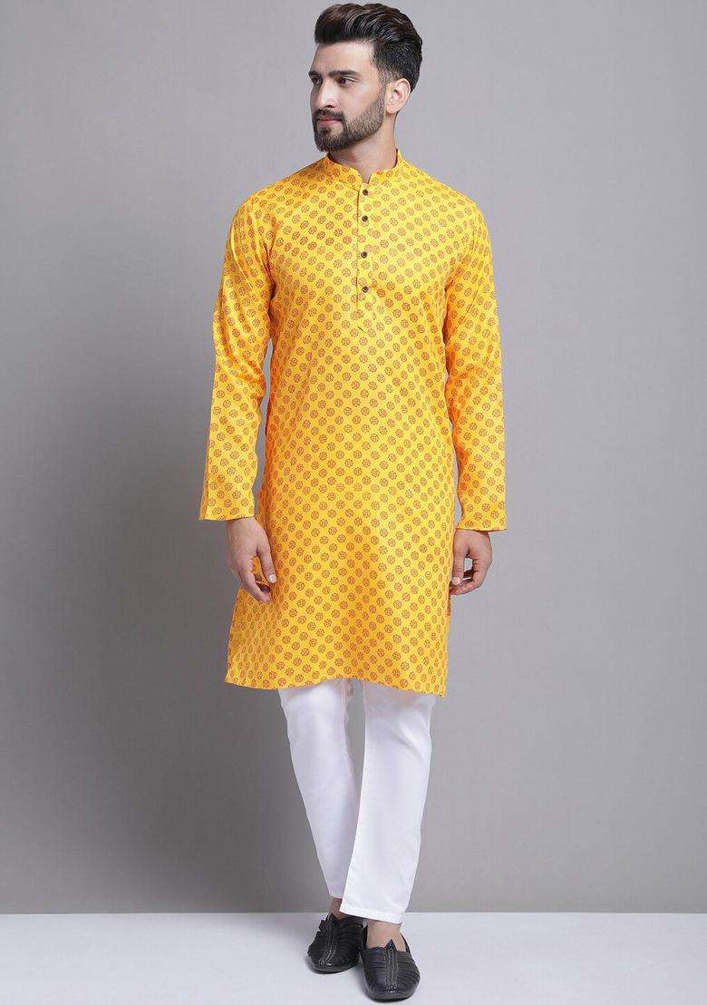 Yellow Printed Cotton Kurta Set For Men - Indya