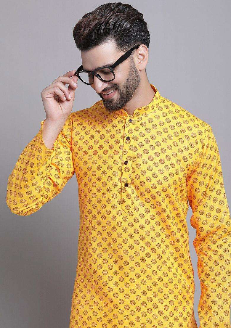 Yellow Printed Cotton Kurta Set For Men - Indya