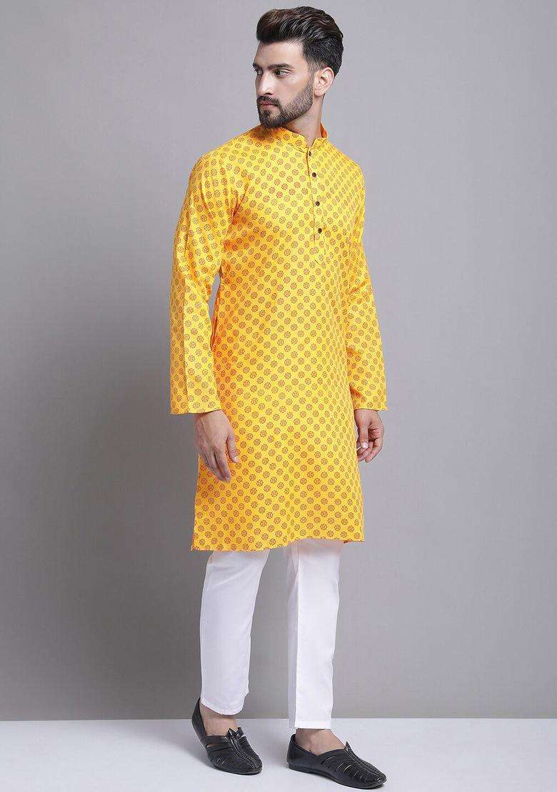 Yellow Printed Cotton Kurta Set For Men - Indya