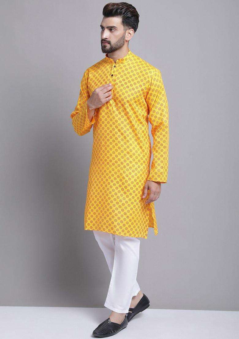 Yellow Printed Cotton Kurta Set For Men - Indya