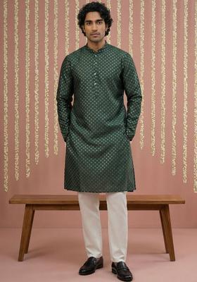 Green Woven Design Silk Kurta Set For Men