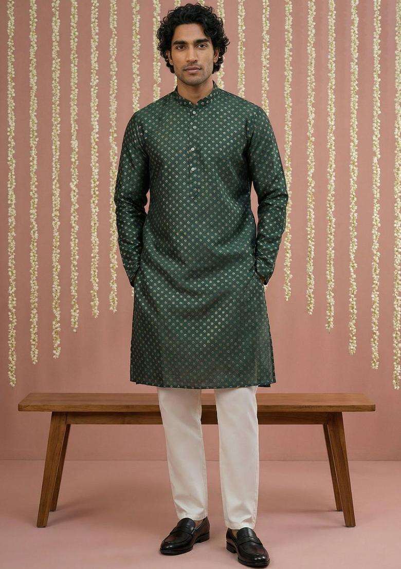 Green Woven Design Silk Blend Kurta Set For Men - Indya