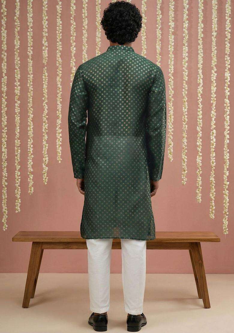 Green Woven Design Silk Blend Kurta Set For Men - Indya