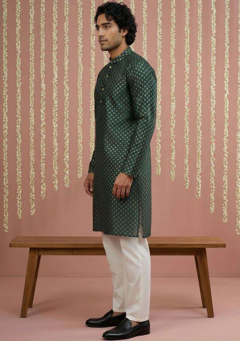 Green Woven Design Silk Blend Kurta Set For Men - Indya