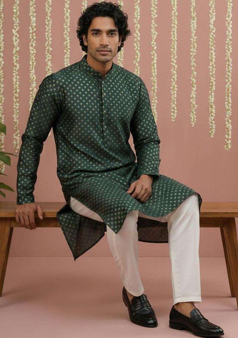 Green Woven Design Silk Blend Kurta Set For Men - Indya