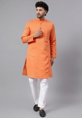 Orange Woven Design Cotton Kurta Set For Men