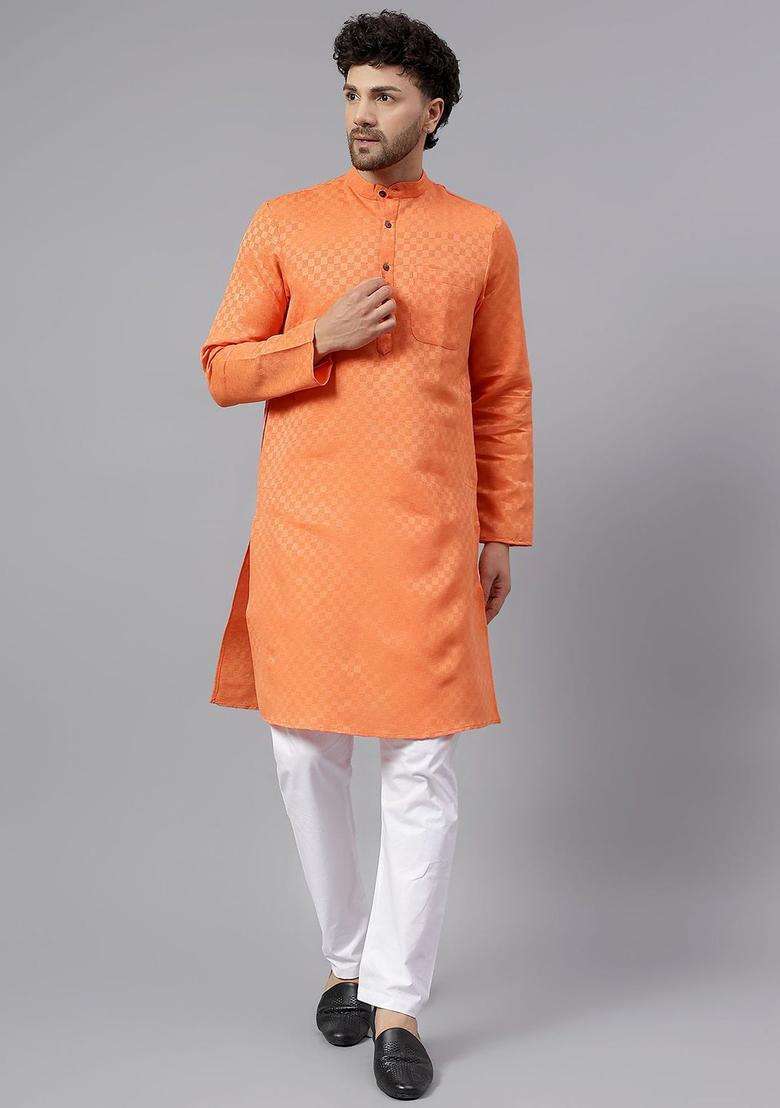 Orange Woven Design Cotton Kurta Set For Men - Indya