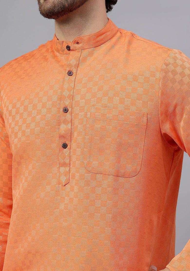Orange Woven Design Cotton Kurta Set For Men - Indya