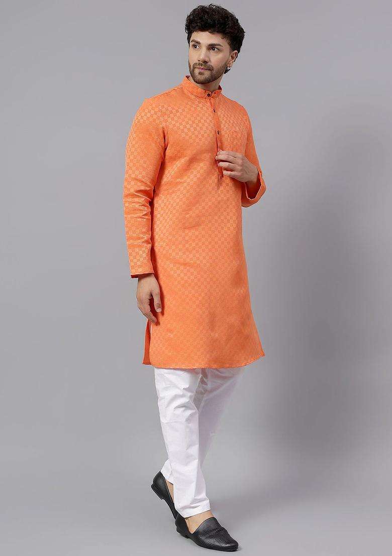 Orange Woven Design Cotton Kurta Set For Men - Indya