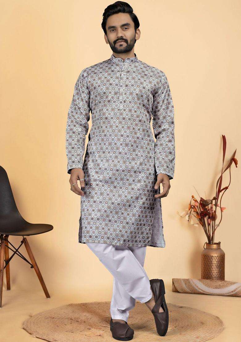 Multi Printed Cotton Kurta Set For Men - Indya
