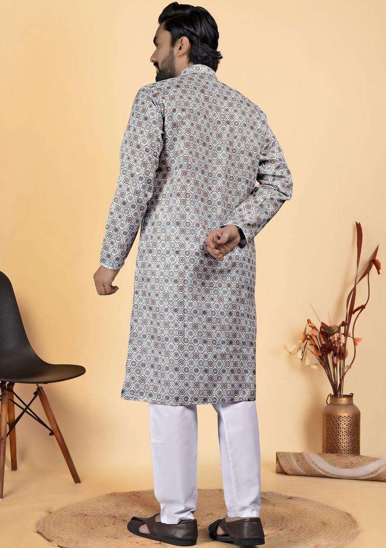 Multi Printed Cotton Kurta Set For Men - Indya