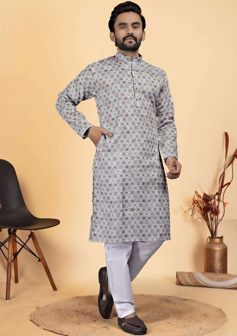 Multi Printed Cotton Kurta Set For Men - Indya
