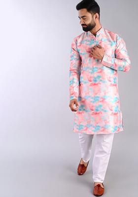 Pink Printed Cotton Kurta Set For Men