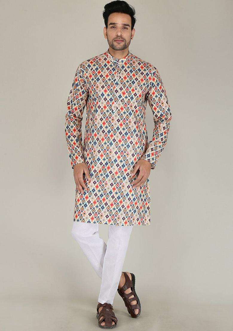 Multi Printed Cotton Kurta Set For Men - Indya