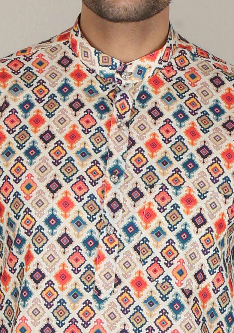 Multi Printed Cotton Kurta Set For Men - Indya