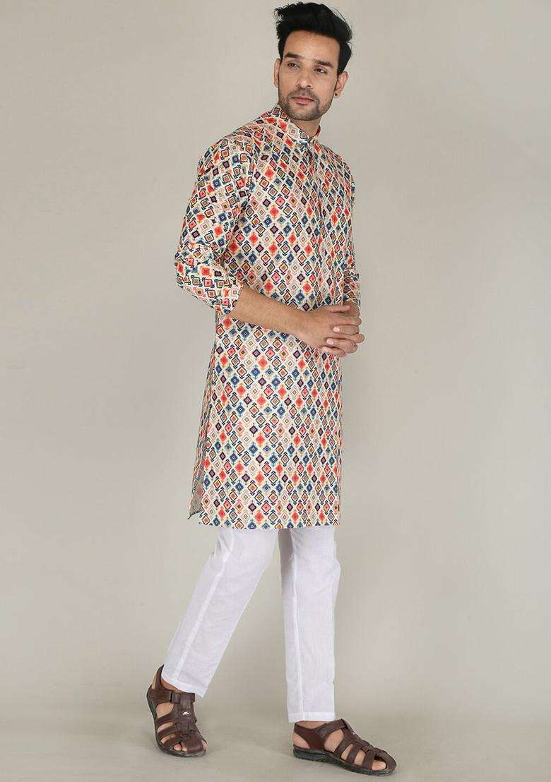Multi Printed Cotton Kurta Set For Men - Indya