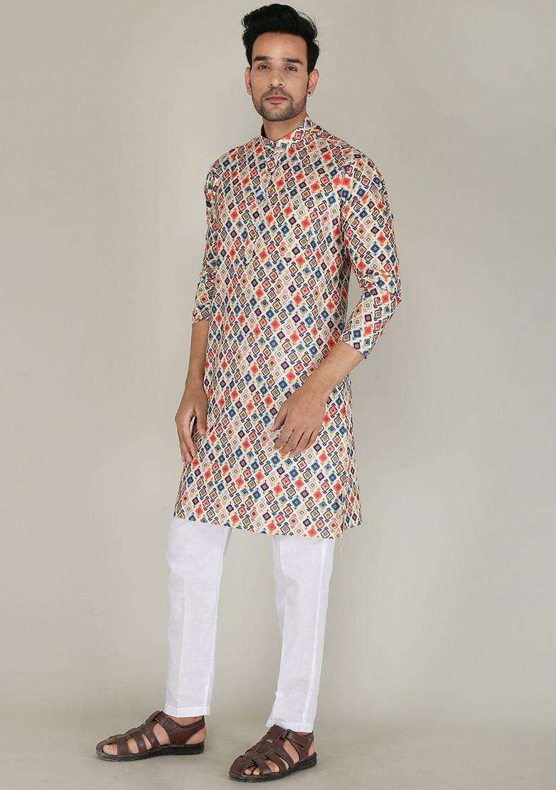 Multi Printed Cotton Kurta Set For Men - Indya