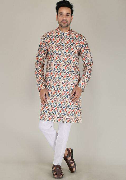 Multi Printed Cotton Kurta Set For Men
